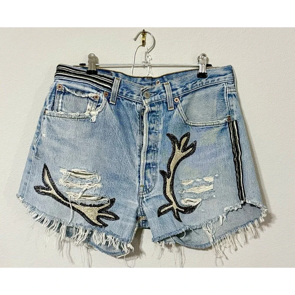 Vtg Levis 501 Cutoff Short Reworked History Repeats Custom Antler Beadwork Sz 34